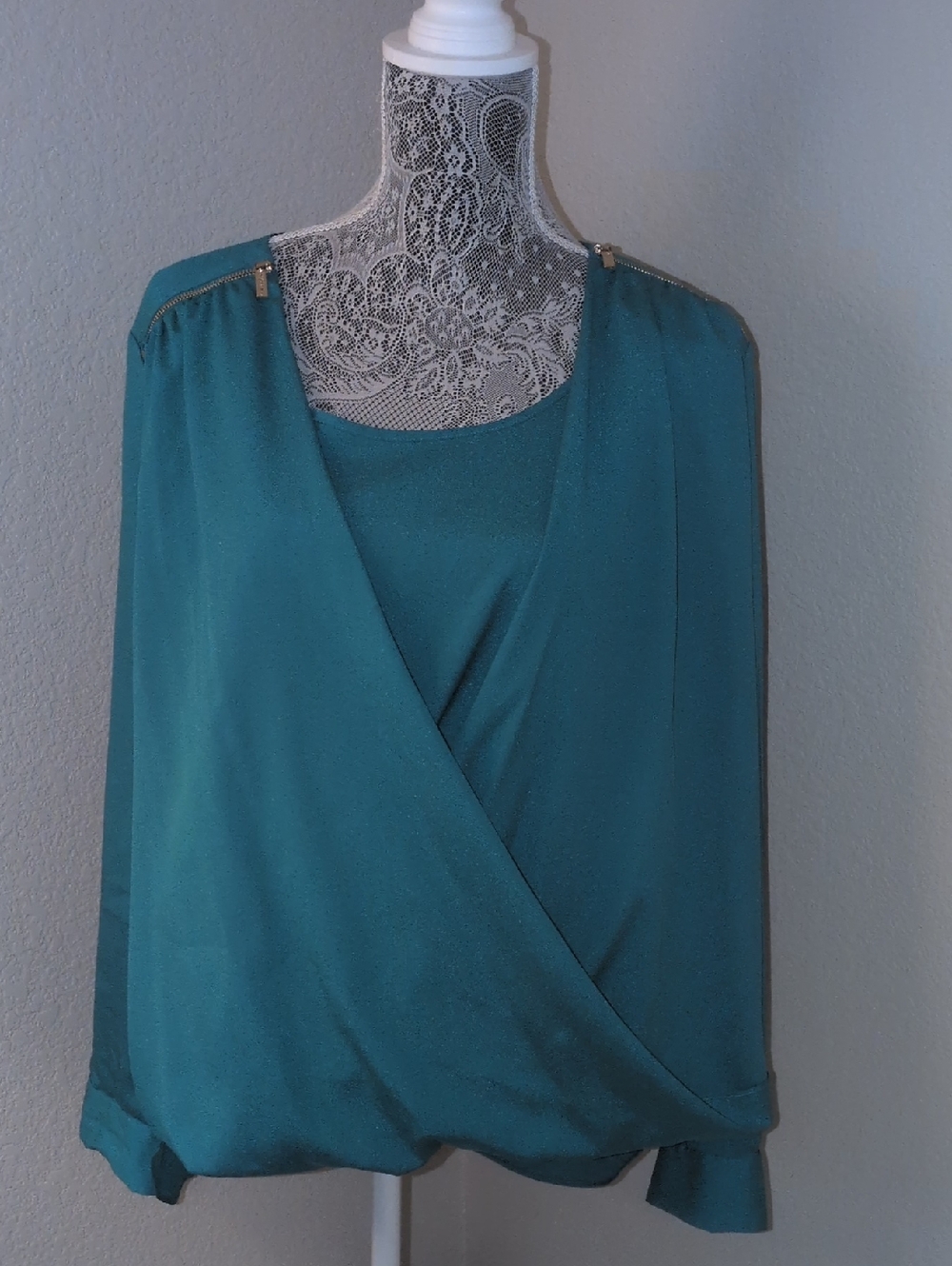 Calvin Klein Teal Draped V-Neck Blouse with Shoulder Chain Detail